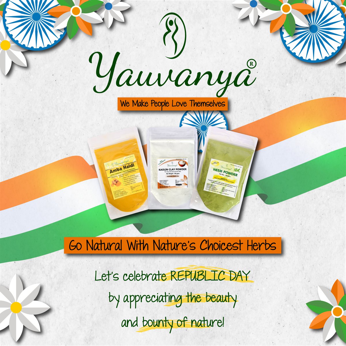 Let's celebrate REPUBLIC DAY by appreciating the beauty and bounty of nature.
# ONE_NATION # ONE_VISION # ONE_IDENTITY
#JaiHind

#yauvanya #natureschoicestherbs #drishtiherbals #herbalbrand #plantbasedproducts #74threpublicday #26january #freedom #tiranga #swachchbharat #twitter