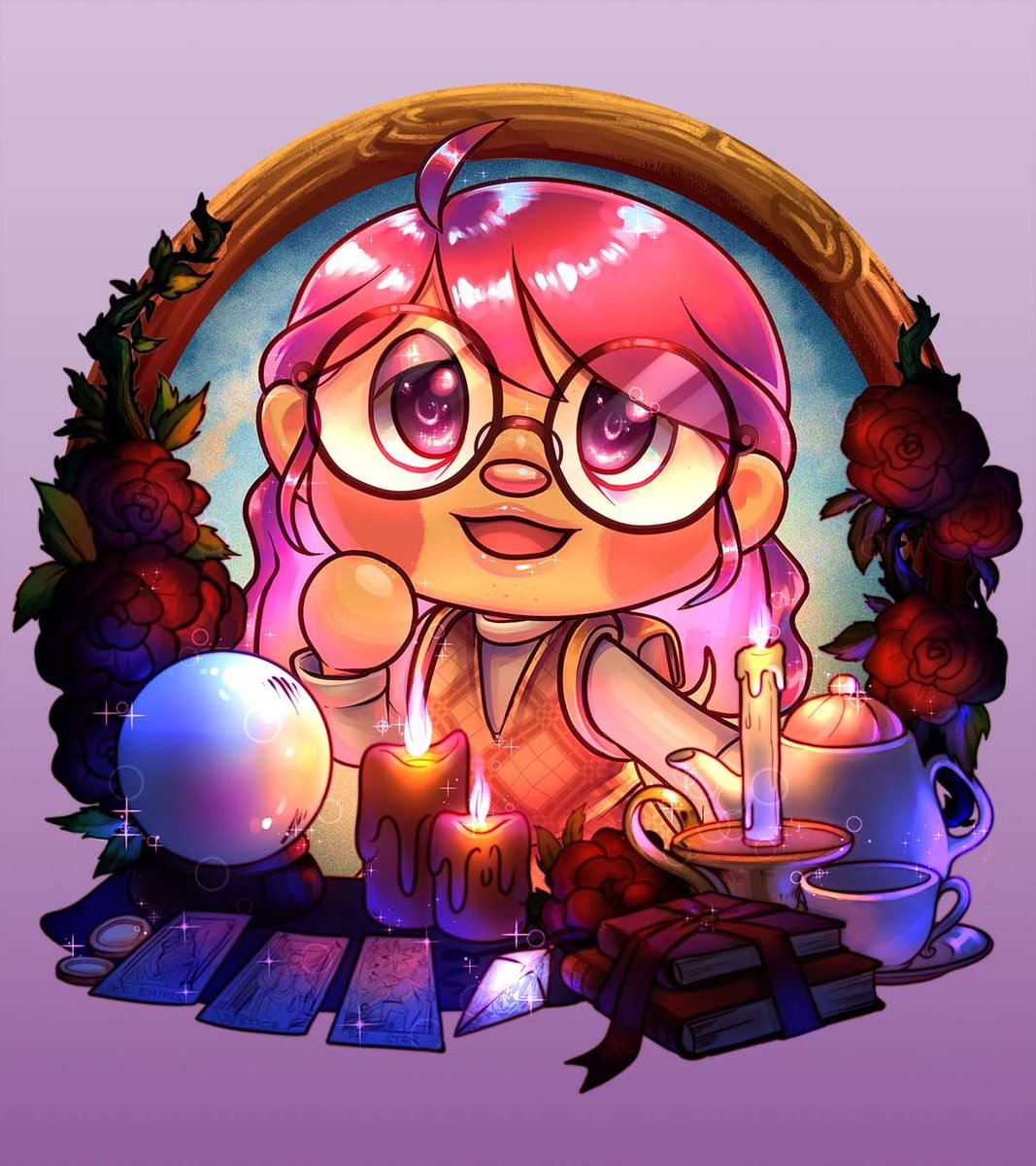 candle 1girl glasses pink hair solo flower round eyewear  illustration images