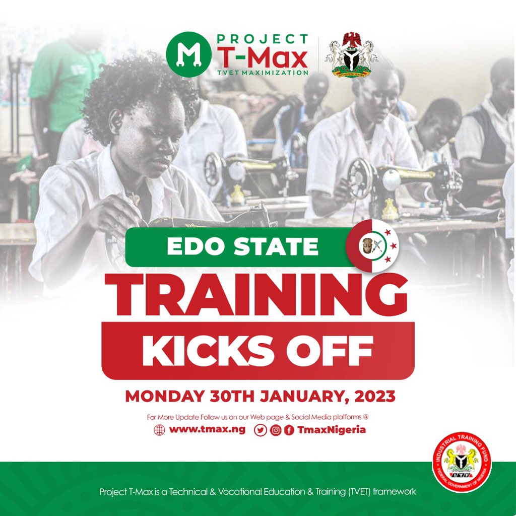 felabankolemoh's tweet photo. Training is set to kick-off for 2,000 Edo residents across 25 accredited TVET Centres in the State.
Congratulations to all selected applicants!!!
#projecttmax #tvet #tmaxedo #tmaxnigeria #federalgovernmentofnigeria #skills #fbo #felabankolemoh https://t.co/odH8Xsfmjq