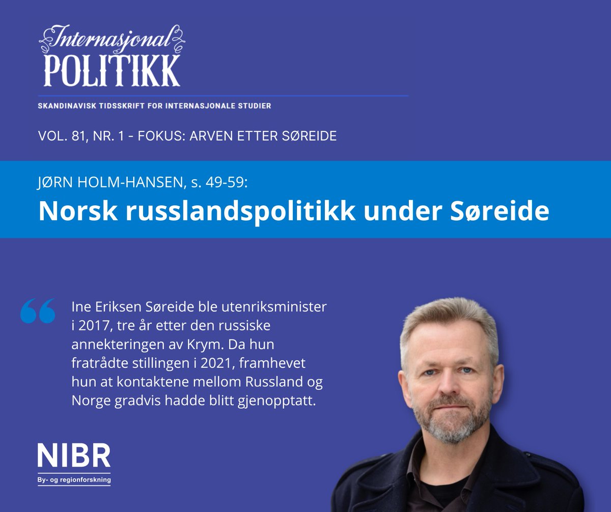 NIBR, OsloMet (@nibr_no) on Twitter photo <a href="/JornHolmHansen/">Jørn Holm-Hansen</a> med rykende fersk artikkel!
Følg lenken under for å lese "Norsk russlandspolitikk under Søreide" publisert i <a href="/tidsskriftet_ip/">Internasjonal Politikk</a>:
tidsskriftet-ip.no/index.php/intp… <a href="/JornHolmHansen/">Jørn Holm-Hansen</a> med rykende fersk artikkel!
Følg lenken under for å lese "Norsk russlandspolitikk under Søreide" publisert i <a href="/tidsskriftet_ip/">Internasjonal Politikk</a>:
tidsskriftet-ip.no/index.php/intp…