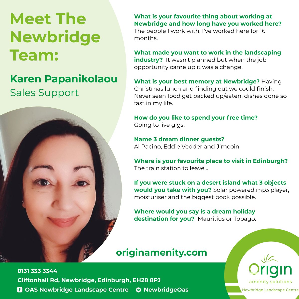 NewbridgeOas's tweet image. 🤝 Meet the Team 🤝

Continuing on from our Site Manager Paul last week, the second person to feature in our meet the team series is Karen Papanikolaou 👩

Read down below to find out more about Karen 👇

#MeetTheTeam 
#originamenitysolutions #newbridgelandscapecentre