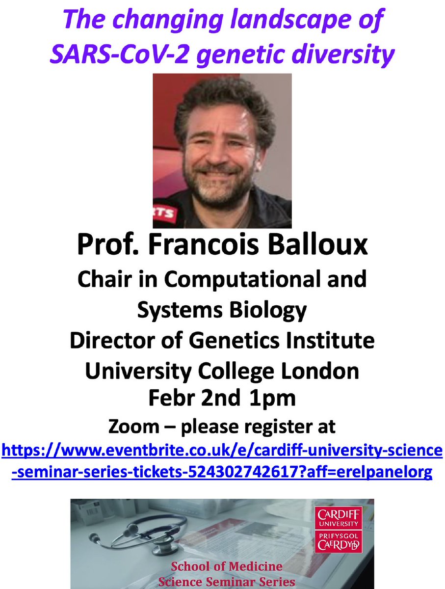 Systems Immunity Research Institute (@cusystemsimmu) on Twitter photo Science Seminar with Prof. <a href="/BallouxFrancois/">Prof Francois Balloux</a> on Febr 2nd at 1pm London: The changing landscape of SARS-CoV-2 genetic diversity. Please register at eventbrite.co.uk/e/cardiff-univā¦
<a href="/UGI_at_UCL/">UCL Genetics Institute</a> <a href="/CUBLSResearch/">CU BLS Research</a> Science Seminar with Prof. <a href="/BallouxFrancois/">Prof Francois Balloux</a> on Febr 2nd at 1pm London: The changing landscape of SARS-CoV-2 genetic diversity. Please register at eventbrite.co.uk/e/cardiff-univā¦
<a href="/UGI_at_UCL/">UCL Genetics Institute</a> <a href="/CUBLSResearch/">CU BLS Research</a>
