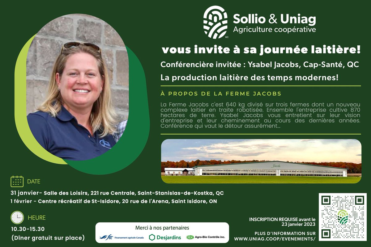 Be sure to register and come out to This Dairy Day , speaker Ysabel Jacobs, from Ferme Jacobs in Cap-Santé, QC, Jacobs Farm is 640 kg divided over three farms including a new robotic milking facility. Together the company cultivates 870 hectares of land. 

uniag.coop/en/evenements/…