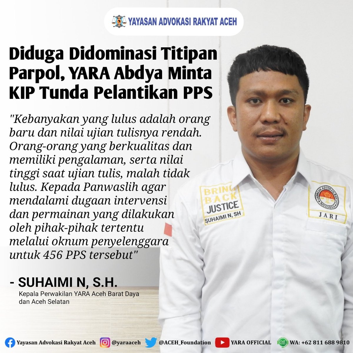 ACEH_Foundation's tweet photo. 📰 #PublicUpdate | YARA Perwakilan Abdya meminta agar pelantikan anggota Panitia Pemungutan Suara (PPS) ditunda. Terkait info yang didapat, kebanyakan PPS yang lulus diduga adalah titipan salah satu partai politik untuk kepentingan Pileg 2024 mendatang.
#YARA #PPS #KIP #Abdya https://t.co/EXm3M0WLum