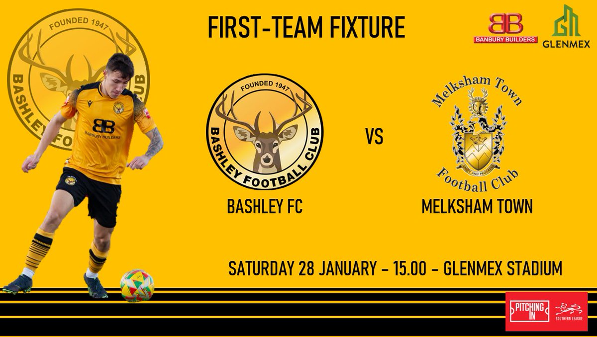 Bashley FC (@footballbashley) on Twitter photo ⚽️ | First-Team's Next Outing
Bashley v <a href="/MELKSHAMTOWNFC/">Melksham Town FC</a>
 
📅 Saturday 28th January 2023
🕒 15.00
🏟️ GlenMex Stadium (BH25 5RY)
🏆 <a href="/SouthernLeague1/">The Pitching In Southern Football League</a> Division One South
#UpTheBash ⚽️ | First-Team's Next Outing
Bashley v <a href="/MELKSHAMTOWNFC/">Melksham Town FC</a>
 
📅 Saturday 28th January 2023
🕒 15.00
🏟️ GlenMex Stadium (BH25 5RY)
🏆 <a href="/SouthernLeague1/">The Pitching In Southern Football League</a> Division One South
#UpTheBash