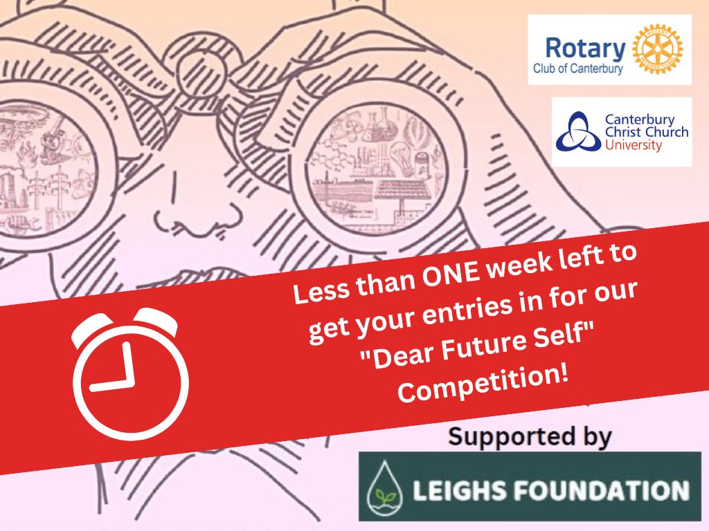 RotaryCantUK's tweet photo. Less than 1 week to enter our #DearFutureSelf competition✍️! (31 Jan deadline)
Pls share with #secondaryschools in #Kent, #EastSussex, #WestSussex, #Essex or #Surrey: https://t.co/zLcGmp0UnS
@RotarySE1120 @pr_rotary @LeighsFound
#countdown #creativewriting #imagine #brightfuture https://t.co/V6L1oxIfgi