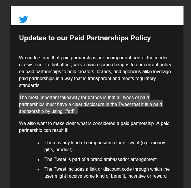 Twitter just updated its policy around paid partnerships.

All paid tweets now MUST include #ad. Failure to do so could result in enforcement action by Twitter and regulatory bodies.

How will NFT influencers react? <a href="/zachxbt/">ZachXBT</a> is going to be a busy man!