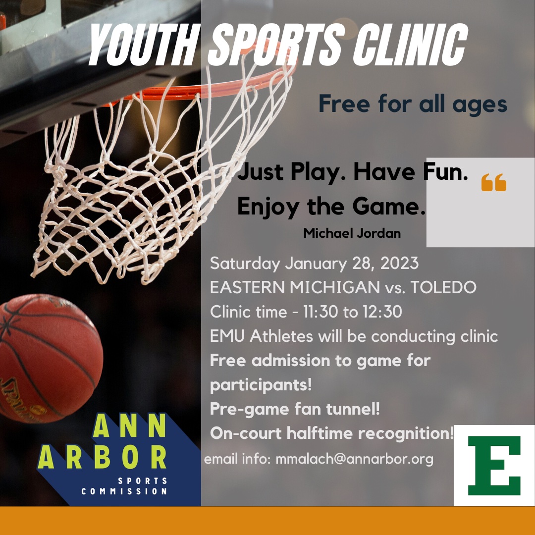Ann Arbor Sports Commission is hosting a Youth Sports Clinic with the EMU student-athletes!
Saturday January 28, 11:30 a.m. prior to the 1 p.m. tipoff. Click the link below for more info.
tinyurl.com/2xct3r2p
#annarbor #annarborsports #EMUEagles