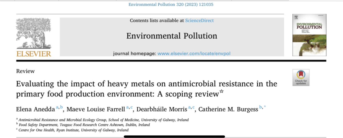 Delighted to see the publication of @OneHealthEJP @teagasc @arme_morris PhD student Elena Anedda’s first paper-a scoping review on the impact of heavy metals on #AMR in the primary production environment. Download for free until March 11th at authors.elsevier.com/a/1gSaZzLNSfwWs