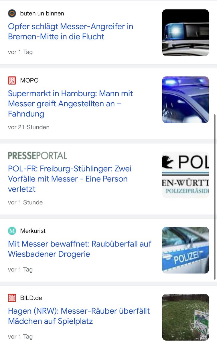 Hab gerade gehört, dass es heute eine Messerattacke in einem Zug zwischen Kiel und Hamburg gab. Als ich näheres googelte, musste ich feststellen, dass es in den letzten Stunden ähnliches auch in Essen, Bremen, Ravensburg, Gifhorn, Freiburg, Wiesbaden, Hagen gab. Brutaler Alltag.