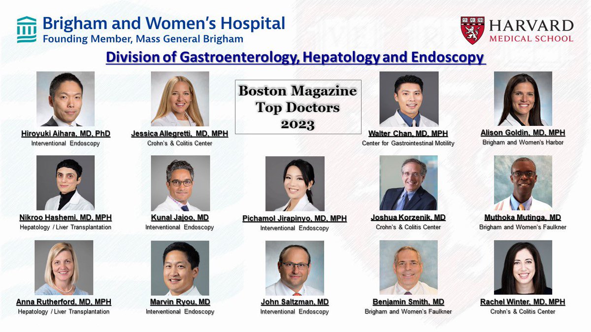 Brigham and Women's GI (@brighamgi) on Twitter photo Congratulations to our 1️⃣4️⃣ faculty named Top Doctors 2023 by <a href="/BostonMagazine/">Boston Magazine</a>! #TopDocs⚕️
Thank you to our dedicated #BrighamGIFaculty for their passion & commitment to providing top-notch & cutting-edge care in digestive & liver health to our patients🩺
bostonmagazine.com/find-a-doctor/… Congratulations to our 1️⃣4️⃣ faculty named Top Doctors 2023 by <a href="/BostonMagazine/">Boston Magazine</a>! #TopDocs⚕️
Thank you to our dedicated #BrighamGIFaculty for their passion & commitment to providing top-notch & cutting-edge care in digestive & liver health to our patients🩺
bostonmagazine.com/find-a-doctor/…