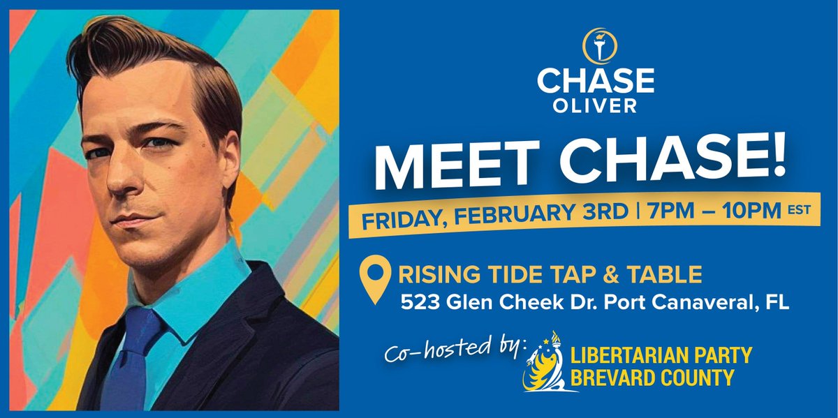 LaunchLiberty's tweet photo. Calling Space Coast Libertarians! Stop by next Friday and visit national rising star Chase Oliver. This will be an opportunity to speak with Chase and hang with fellow Libertarians. #LaunchingLiberty https://t.co/OTcTdzXLM1