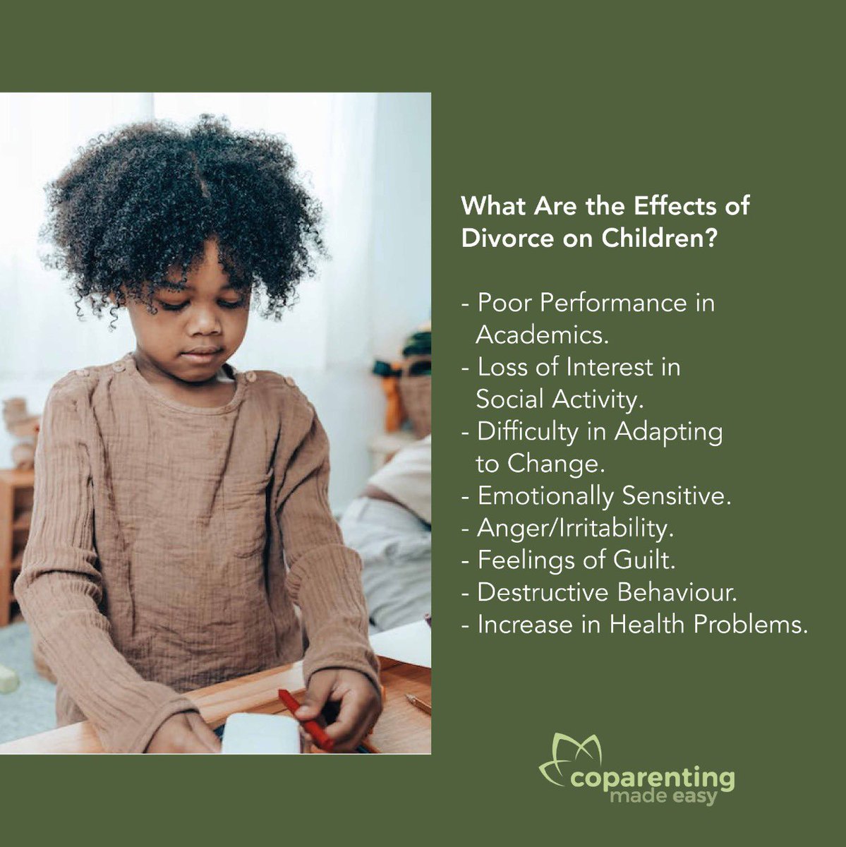 Coparentingedu's tweet photo. Divorce can leave children feeling overwhelmed and emotionally sensitive. Children need an outlet for their emotions such as someone to talk to and someone who will listen. Ensure you are there for your children at all times. https://t.co/sgn3TyZIPY