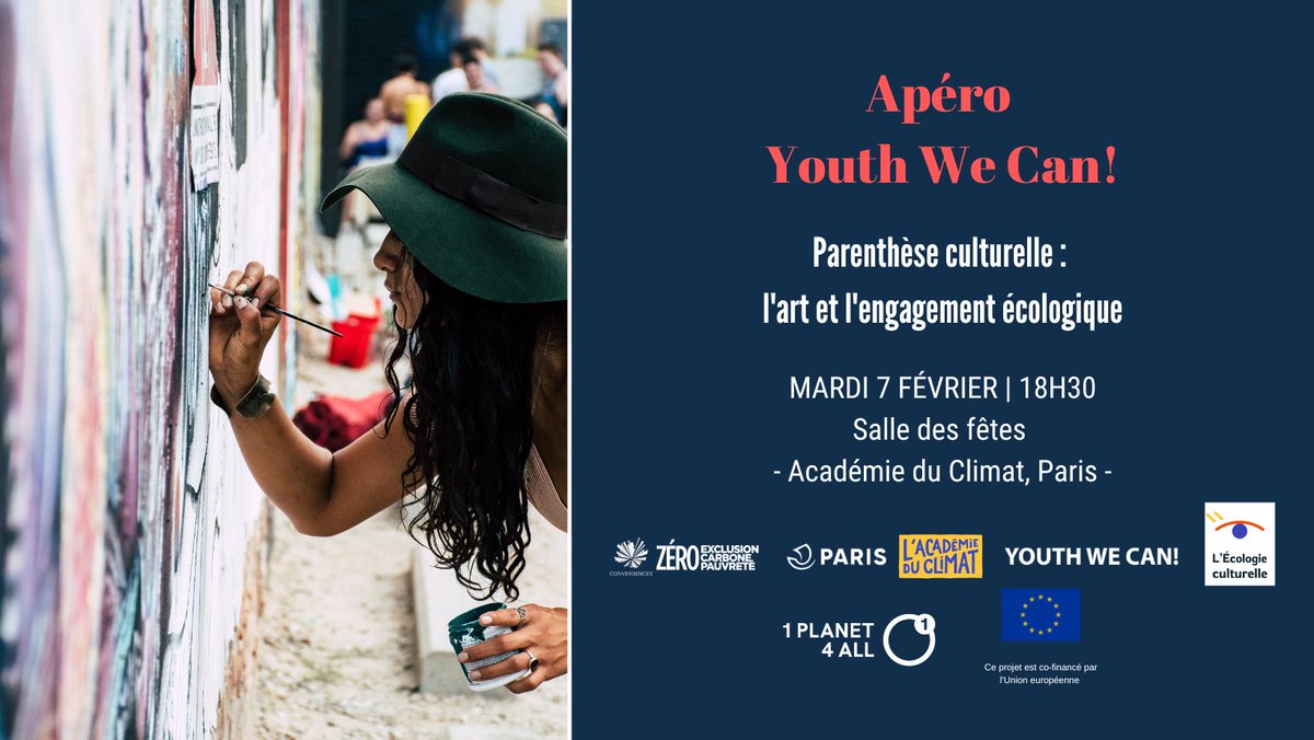 Rendez-vous mardi 07 février à <a href="/AcademieClimat/">Académie du Climat</a> , pour le 1er Apéro Youth We Can! de la saison, intitulé « Parenthèse Culturelle : l'art et l'engagement écologique ». 
Inscriptions gratuites 👉 eventbrite.com/e/billets-leco…
<a href="/ConvergencesORG/">Convergences</a> #Culture #Art #Jeunesse