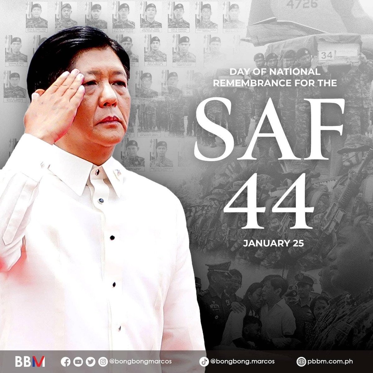 pnagovph's tweet photo. LOOK: In a tweet, President Marcos honors the 44 Special Action Force (SAF) officers who "made the ultimate sacrifice in the line of duty": "Their heroism will always inspire us as we continue to protect and serve our people." #SAF44 | via @azereraser_PNA 📸 @bongbongmarcos https://t.co/3BU1jfhL5X