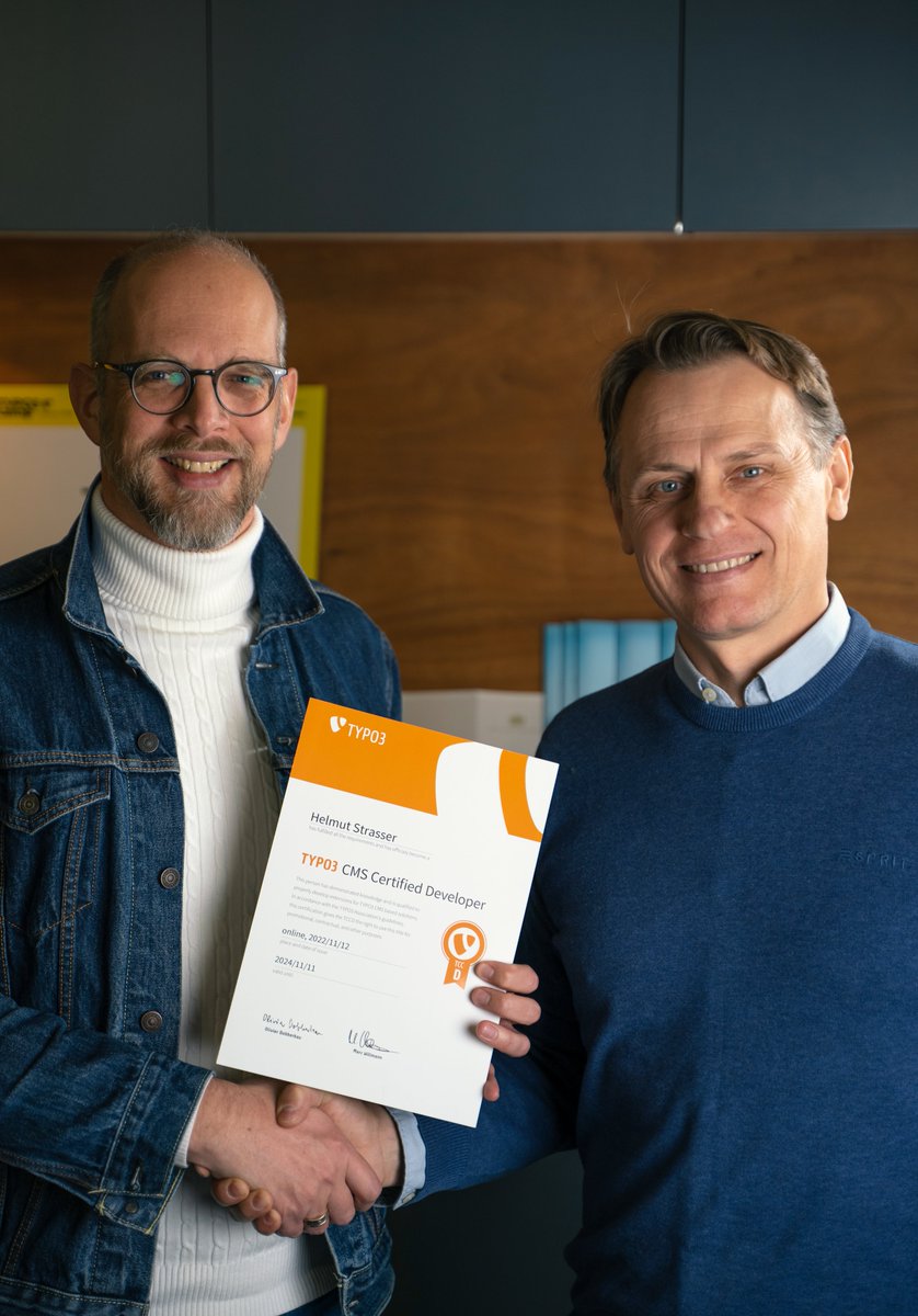 TYPO3 CMS Certified Developer ☑️
Herzlichen Glückwunsch lieber Helmut zur bestandenen Zertifizierung! 🥳

#TYPO3 #Weiterbildung #Zertifizierung