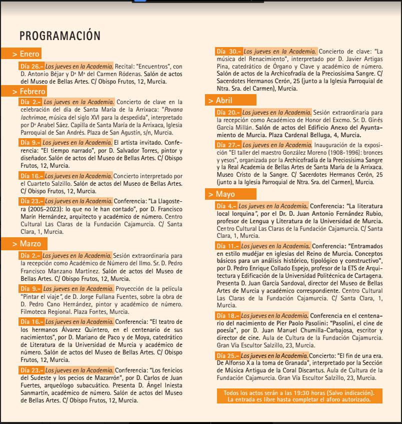 huermur's tweet photo. Programación prevista para los meses de enero a mayo de 2023 de la Real Academia de Bellas Artes Santa María de la Arrixaca de Murcia #Cultura https://t.co/xfng9sgPcb