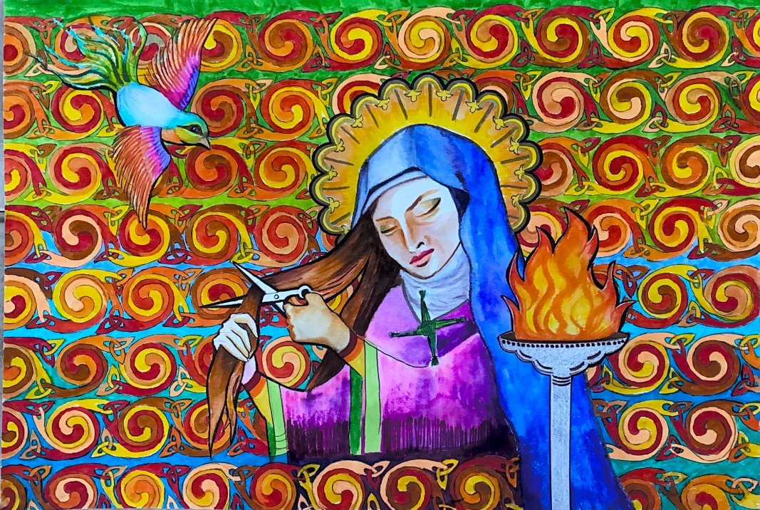 In this piece, 'St Brigid is cutting her hair to support the Iranian women movement #WomanLifeFreedom,' says Iranian-Irish artist Roxana Manouchehri who has been living in Dublin since 2009. 

#StBrigidsDay #Imbolc #Herstory