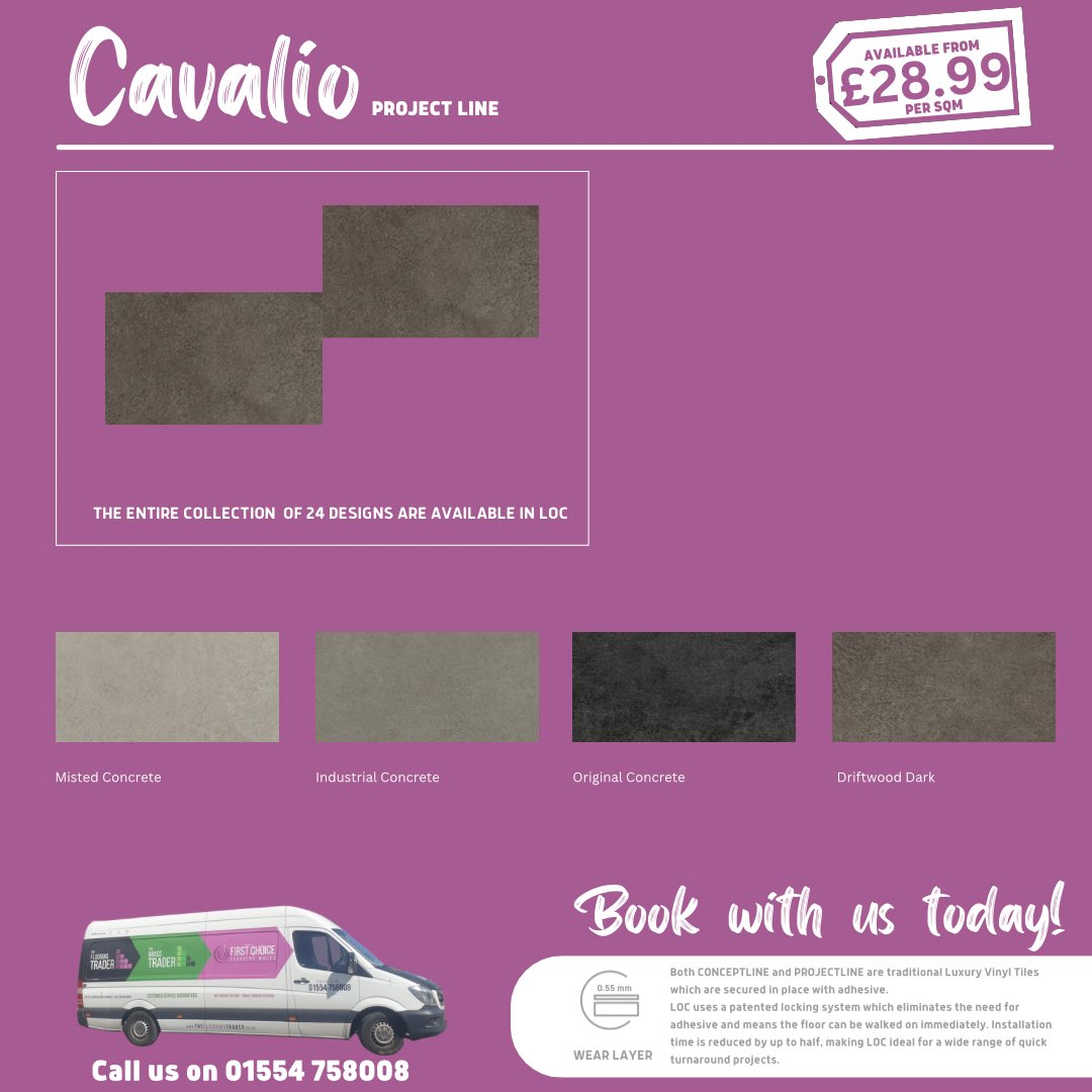 Come and look at our Luxury Vinyl Tiles Range - Here's our 𝐂𝐚𝐯𝐚𝐥𝐢𝐨 section! 

- 0.3mm wear (Concept Line)
- 0.5mm wear (Project Line)

#FirstChoiceFlooring #Flooring #LuxuryVinylTile #Vinyl #Luxury #Cavalio