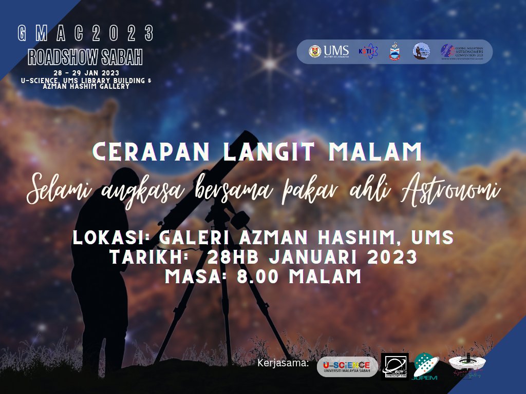 dark_malaysia's tweet photo. Cerapan langit bersama pakar astronomi!
Ambil peluang ni untuk tengok langit melalui teleskop. Kalau ada soalan tentang teori BigBang, teleskop angkasa James Webb dan apa sahaja tentang bintang dan seangkatannya, tanya terus dengan pakar astronomi kita.
Save the date gitu 🌌🔭 https://t.co/gNZYi7I48e