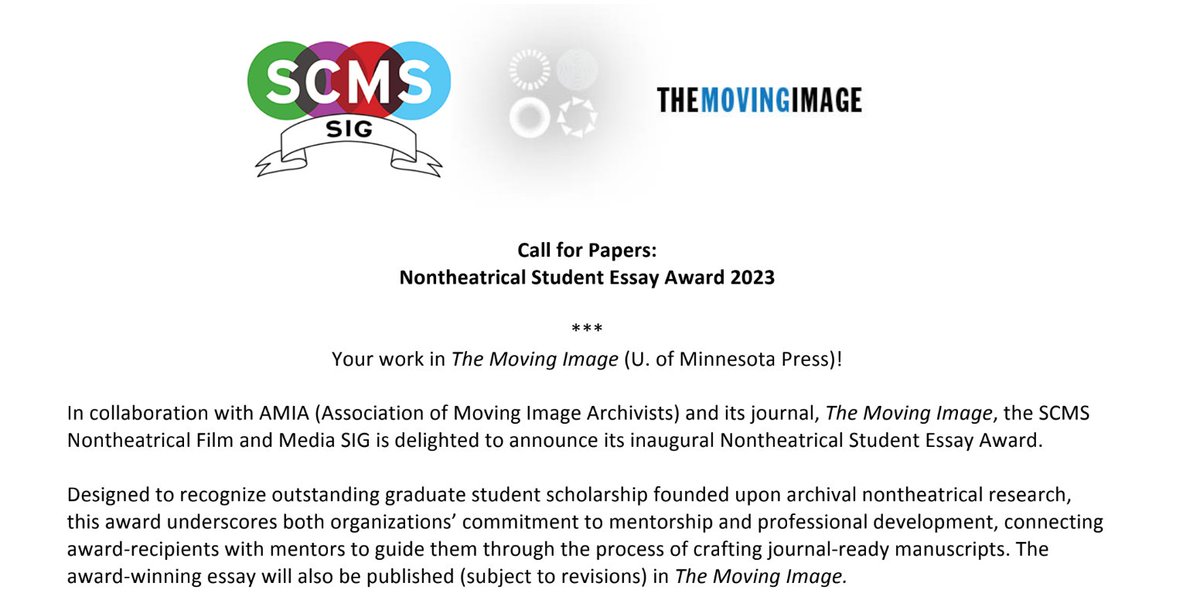 SCMS_ExFM's tweet photo. The Nontheatrical Film and Media SIG and AIMA are excited to share their inaugural student essay award! Winners will work with a mentor to publish their essay with THE MOVING IMAGE.@AMIAnet 
See the full CFP here: https://t.co/1KeQ48KAdg https://t.co/fZQyR3jPFs