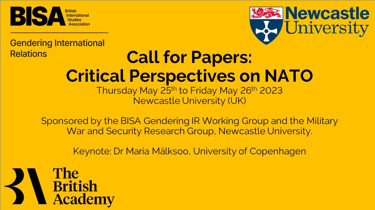 Deadline on Friday [27 Jan] for the 'Critical Perspectives on NATO' workshop organized by 
<a href="/KAMWright/">Kameron Wright</a> and I <a href="/NclPolitics/">Newcastle Politics</a> | Keynote by 
<a href="/MMalksoo/">Maria Mälksoo</a>| Supported by 
<a href="/BISAGIRWG/">Gendering IR Working Group</a> <a href="/BritishAcademy_/">The British Academy</a> &amp; Military War and Security RG| CfP: newcastle-my.sharepoint.com/personal/nkw77…