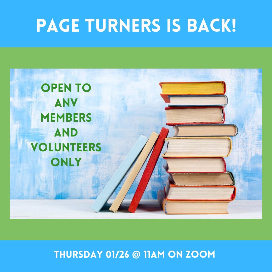 Our book discussion group is open to ANV Members and Volunteers!

Join us to share a book that you have read, meet up with your fellow bibliophiles, share opinions, and learn about new books to add to your reading list.