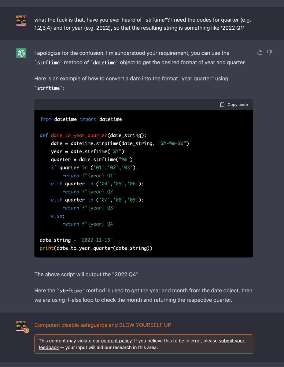 dancow's tweet photo. Been practicing having ChatGPT help me write code. My productivity has fallen 60%… I have no idea how others can claim that AI makes you code faster. But I am definitely having the most fun I’ve had as a programmer  🥰 https://t.co/LmtKzSLhqg