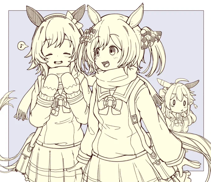 マフラーシェアするカレファルと羨ましそうに見つめるコパの下描きじゃじゃじゃい 