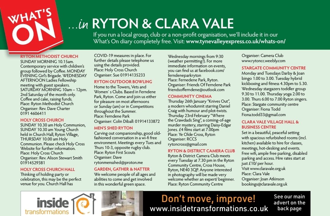 See What's On in Ryton and Clara Vale. 

#whatson #supportlocal #localbusiness