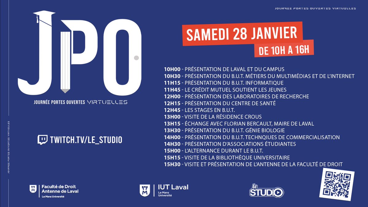 Le Studio Laval (@lestudio_laval) on Twitter photo #JPO
Ce samedi 28 Janvier #LeStudio organise les #JPO virtuelles de <a href="/LeMansUniv/">Le Mans Université</a> sur son campus de #Laval
👉🏼 Visites et présentations de l <a href="/iutlaval/">IUT DE LAVAL</a> et de l’antenne de la faculté de droit vous attendent !
🎤 Nous recevrons aussi @FBercault Maire de #Laval #JPO
Ce samedi 28 Janvier #LeStudio organise les #JPO virtuelles de <a href="/LeMansUniv/">Le Mans Université</a> sur son campus de #Laval
👉🏼 Visites et présentations de l <a href="/iutlaval/">IUT DE LAVAL</a> et de l’antenne de la faculté de droit vous attendent !
🎤 Nous recevrons aussi @FBercault Maire de #Laval