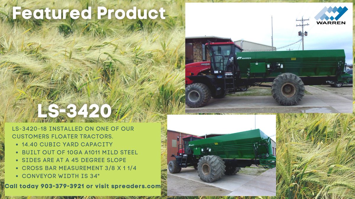 WarrenCompanies's tweet photo. Today's featured unit is an 18' LS-3420 litter spreader. Our litter spreaders are available from 12' to 24' in both mild &amp; stainless steel. We also offer a 60 degree side slope option! Looking for your next ag spreader? Call us today at 903.379.3921!
#familybusiness https://t.co/1Fc3N86pVf