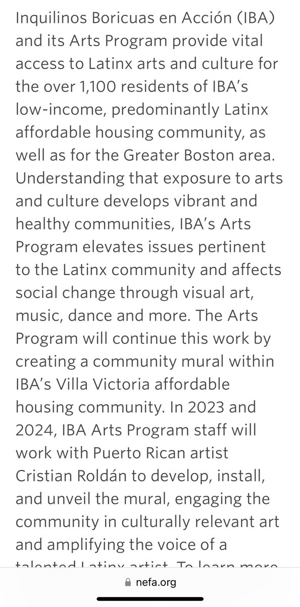 VanessaVcrosado's tweet image. Thank you @NEFA_Boston for the support and investment!  We can’t wait to work with 🇵🇷 artist Christian Roldán in creating this new community mural in @IBA_Boston’s #VillaVictoria 🙌🏾 #IBAarts #letsbuildit