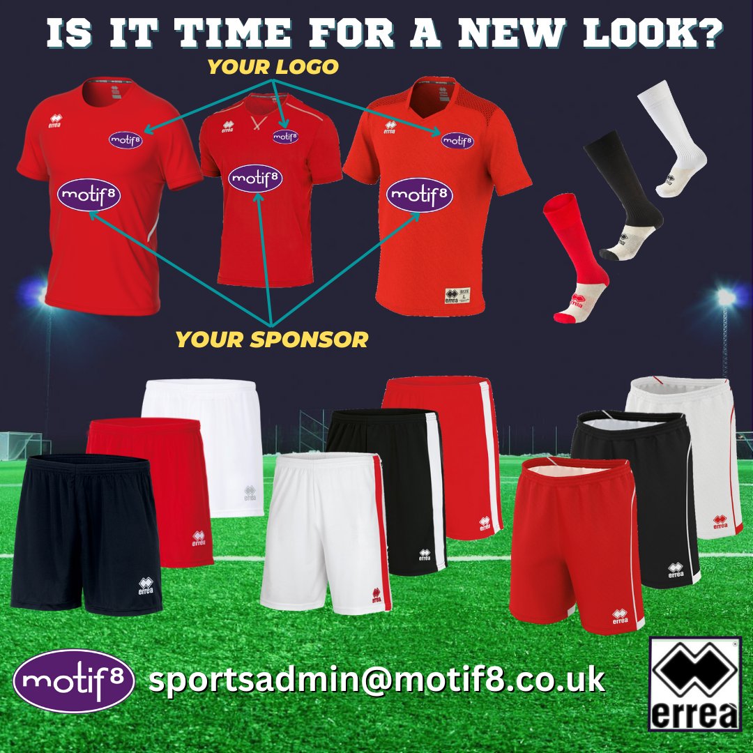 Does your team wear Red?

Here is a selection of styles from Errea, we also have a variety of other brands such as Umbro, Kappa and more! 

Customise  with your logo, sponsor etc... and have a new look for next season!

Contact: sportsadmin@motif8.co.uk