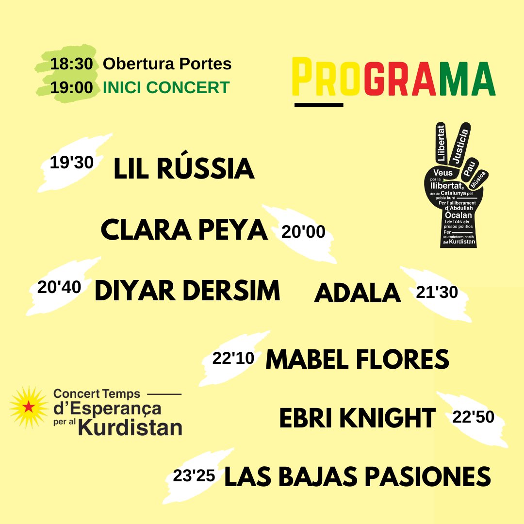 AzadiPlataforma's tweet photo. 🎶 El Concert Temps d'Esperança pel Kurdistan ja és aquest dissabte!
🕐 Presentem l'horari de les actuacions!
Si encara no tens la teva entrada la pots aconseguir a: https://t.co/vwPtisf1tV
#DefendKurdistan #Tui10mes https://t.co/0M1MhsmRVd