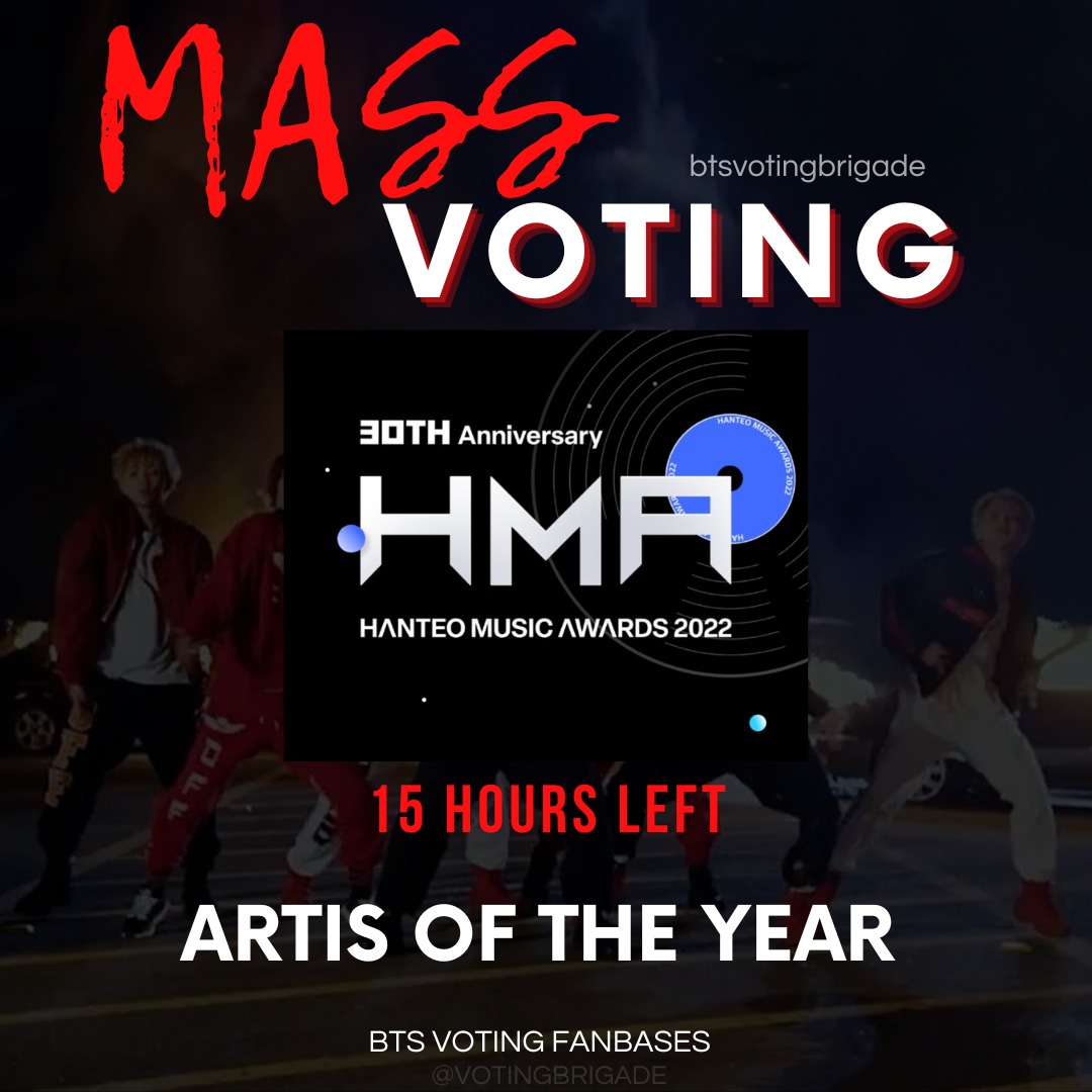 votingbrigade's tweet photo. 🚀MASS VOTING PARTY STARTS 🚀

🚨 15 HOURS LEFT TO VOTE 🚨

Cast your HMA tickets to 'Artist Of The Year', following our voting charts. Let's win and secure the voting score for BTS! 

#2 BTS ⚠️

HMA AOTY IS FOR BTS 
📲:https://t.co/eYcraxWXnN
🗳️:https://t.co/ET9mFFtYki https://t.co/nZzHYHNWnx