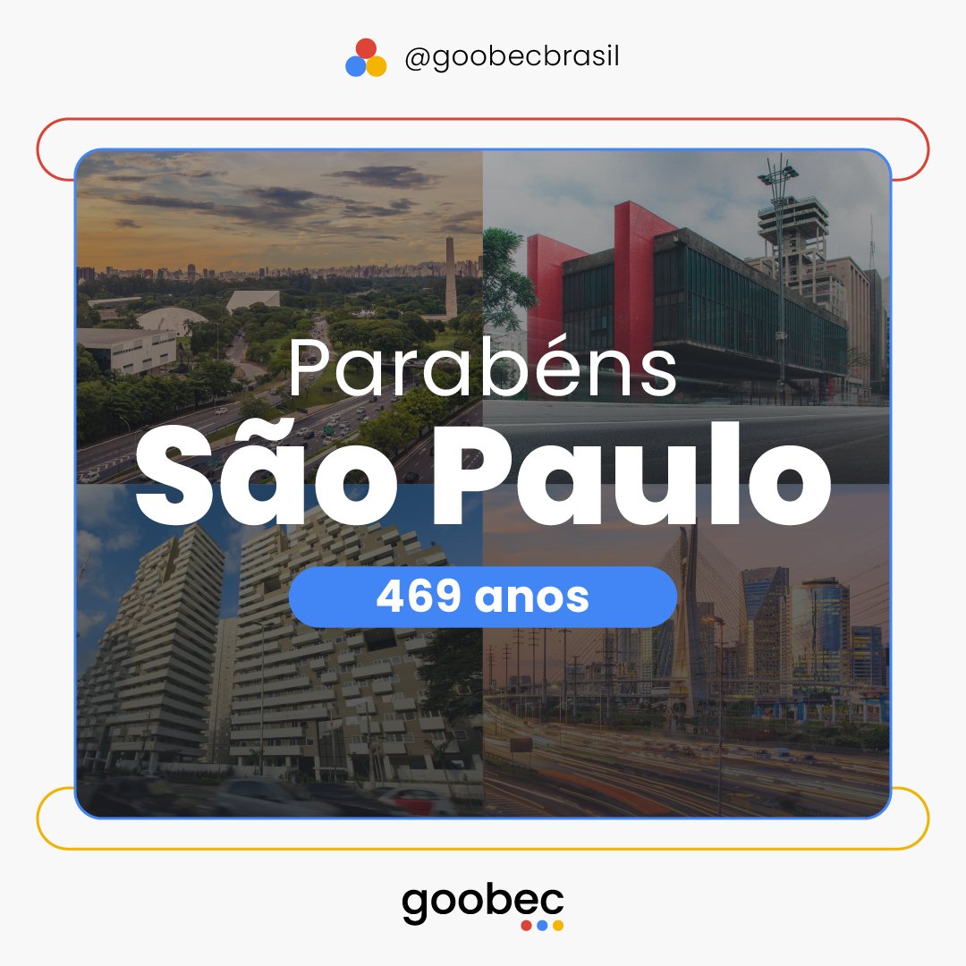 GoobecOficial's tweet photo. Hoje é dia de comemorar o aniversário da maior e mais populosa cidade do Brasil.🙌
Parabéns, São Paulo, pelos 469 anos de muita correria e rolê!😉🎉
#aniversáriodeSP #SP #SP469anos #goobec #goobecbrasil https://t.co/swdhM7syRp