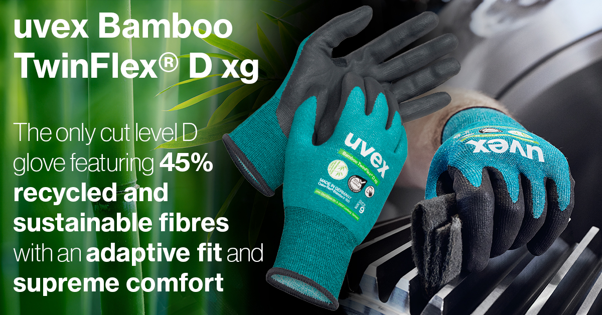 uvexsafetygroup's tweet photo. At uvex we don’t just talk about #innovation, we actually deliver on it. The uvex Bamboo TwinFlex® D xg features cut level D protection and 45% #sustainable materials. Try for yourself and feel the difference https://t.co/hJpAPIuFuz https://t.co/kQ6fPcMjzg
