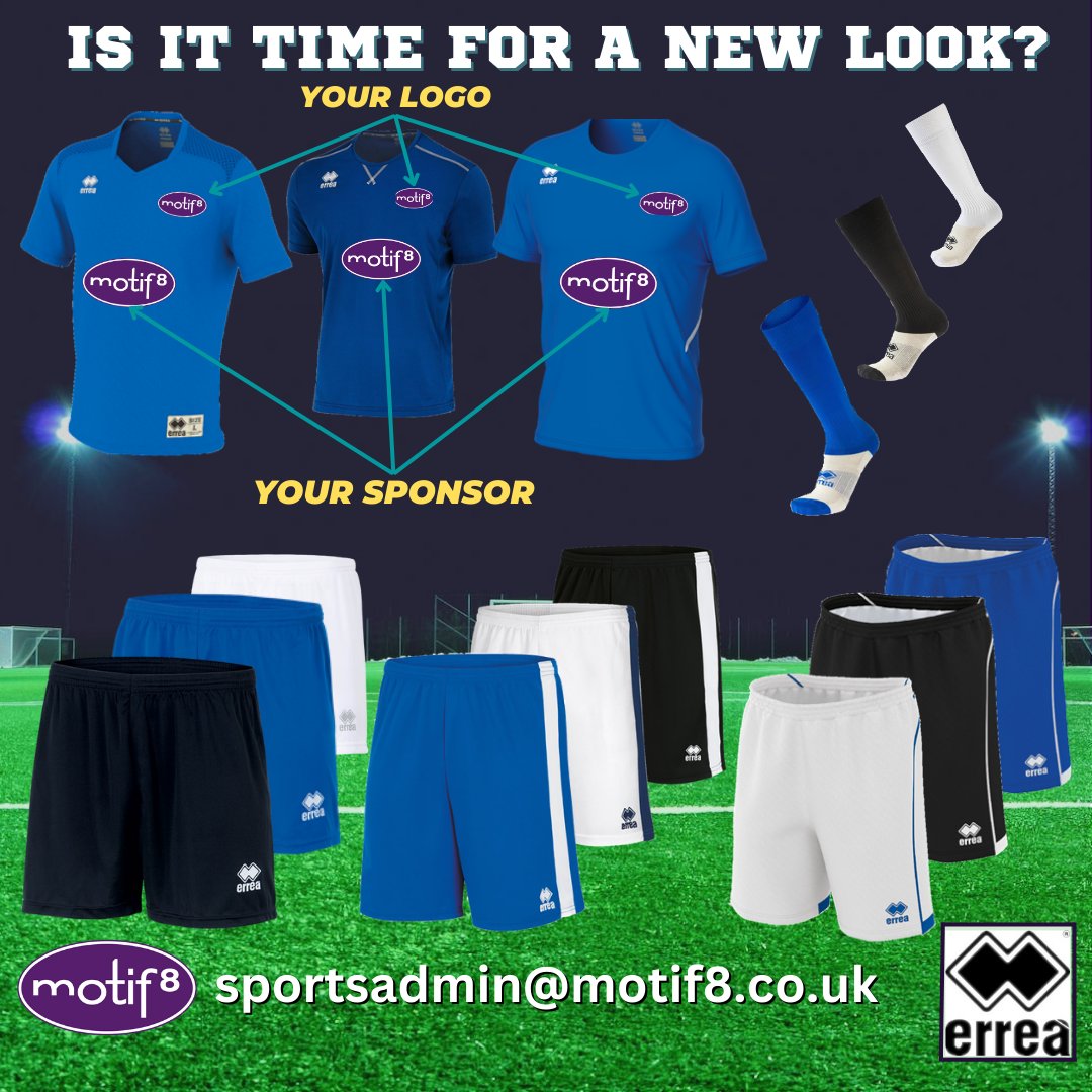 Does your team wear Blue?

Here is a selection of styles from Errea, we also have a variety of other brands such as Umbro, Stanno and more! 

Customise  with your logo, sponsor etc... and have a new look for next season!

Contact: sportsadmin@motif8.co.uk