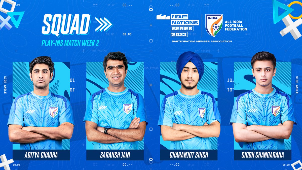 IndianFootball's tweet photo. 🚨 The Squad 🚨
These 4️⃣ #eTigers 🐯 will represent 🇮🇳 in the #FIFAeNations 🏆 Play-ins tomorrow 🤩
#FeN23 🎮 #FeNC 🏆 #BackTheBlue 💙 #IndianFootball ⚽ https://t.co/3F38St7cET