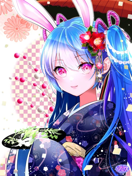 卯年七草 #七草 #うさぎ #けもみみ #着物 #ツインテール #青髪 #ibispaint #イラスト #pixiv  