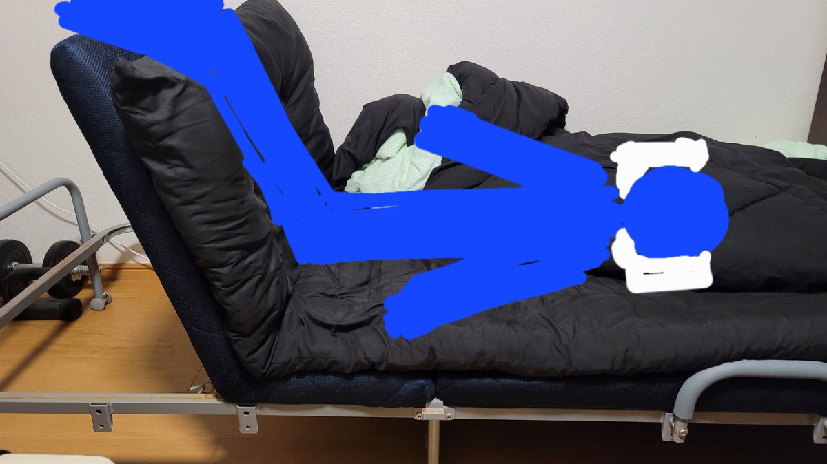 Dandy_ver2's tweet photo. 昨日の夜。
ベッドのリクライニングがどうにも垂直から戻らなくなってしまい、
半分のサイズに丸まってみるも落ち着かず、いろいろ試した結果、枕を逆にしたこんな結論になりました。
足をのっけていたことでいい刺激が入ったのか、今朝無事に平行に戻りました。横になれるって素晴らしいです。 https://t.co/2p7wRMvjp3