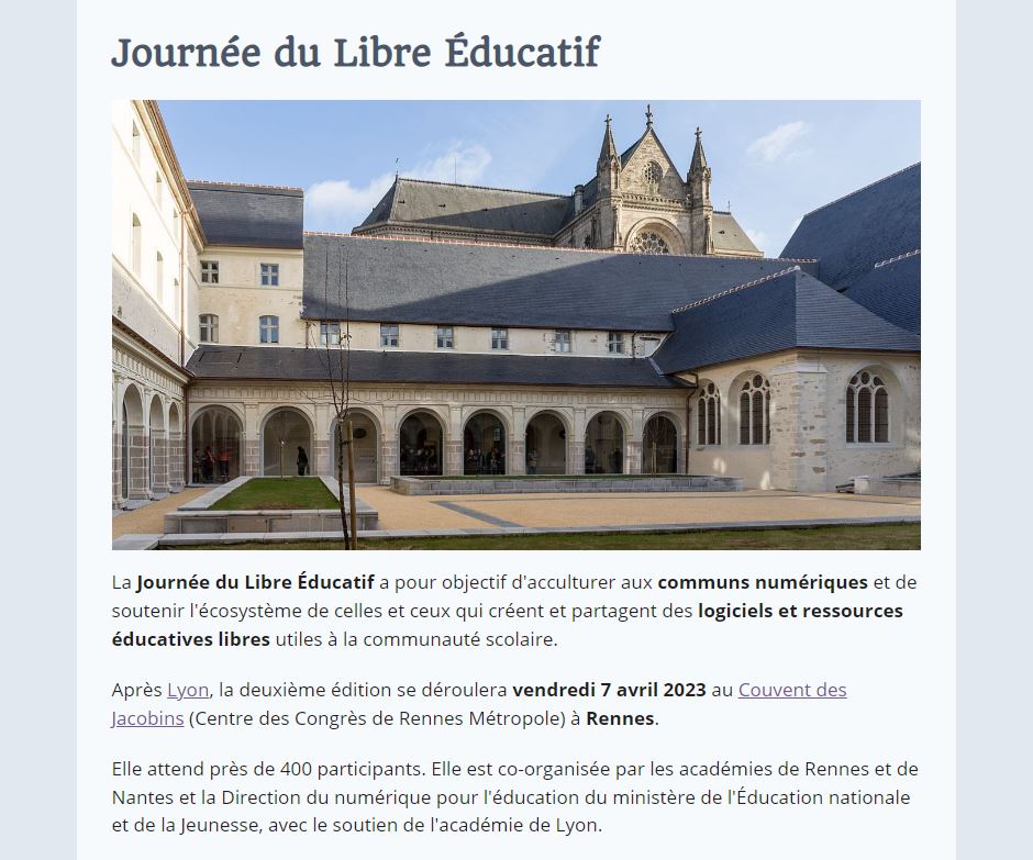 Participer à la 2e éd. de la "Journée du Libre Éducatif" à Rennes le 7 avril prochain ?
Il ne reste que quelques jours pour soumettre une proposition !
#JDLE2023
framaforms.org/journee-du-lib…