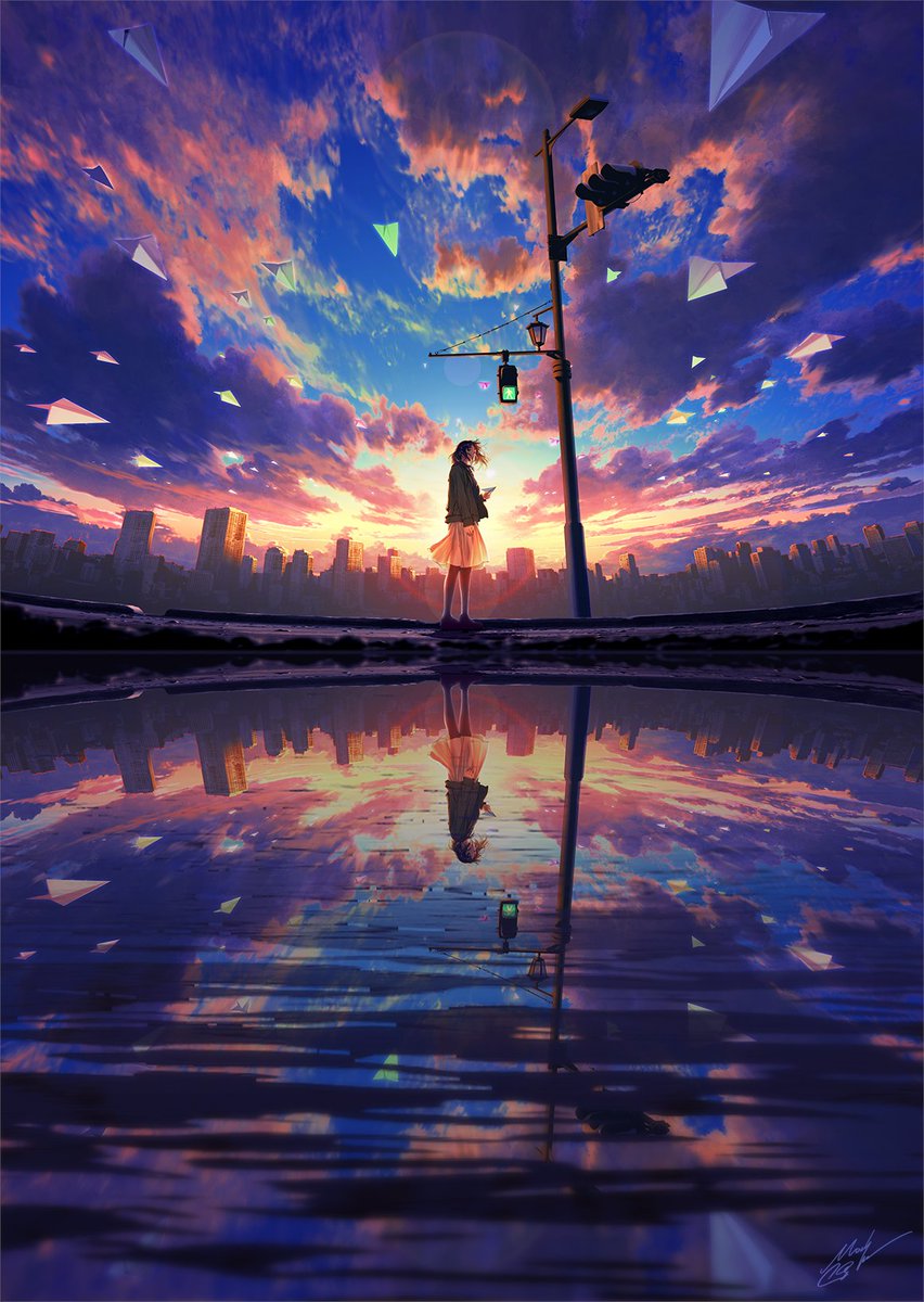 reflection cloud 1girl sky outdoors scenery skirt  illustration images