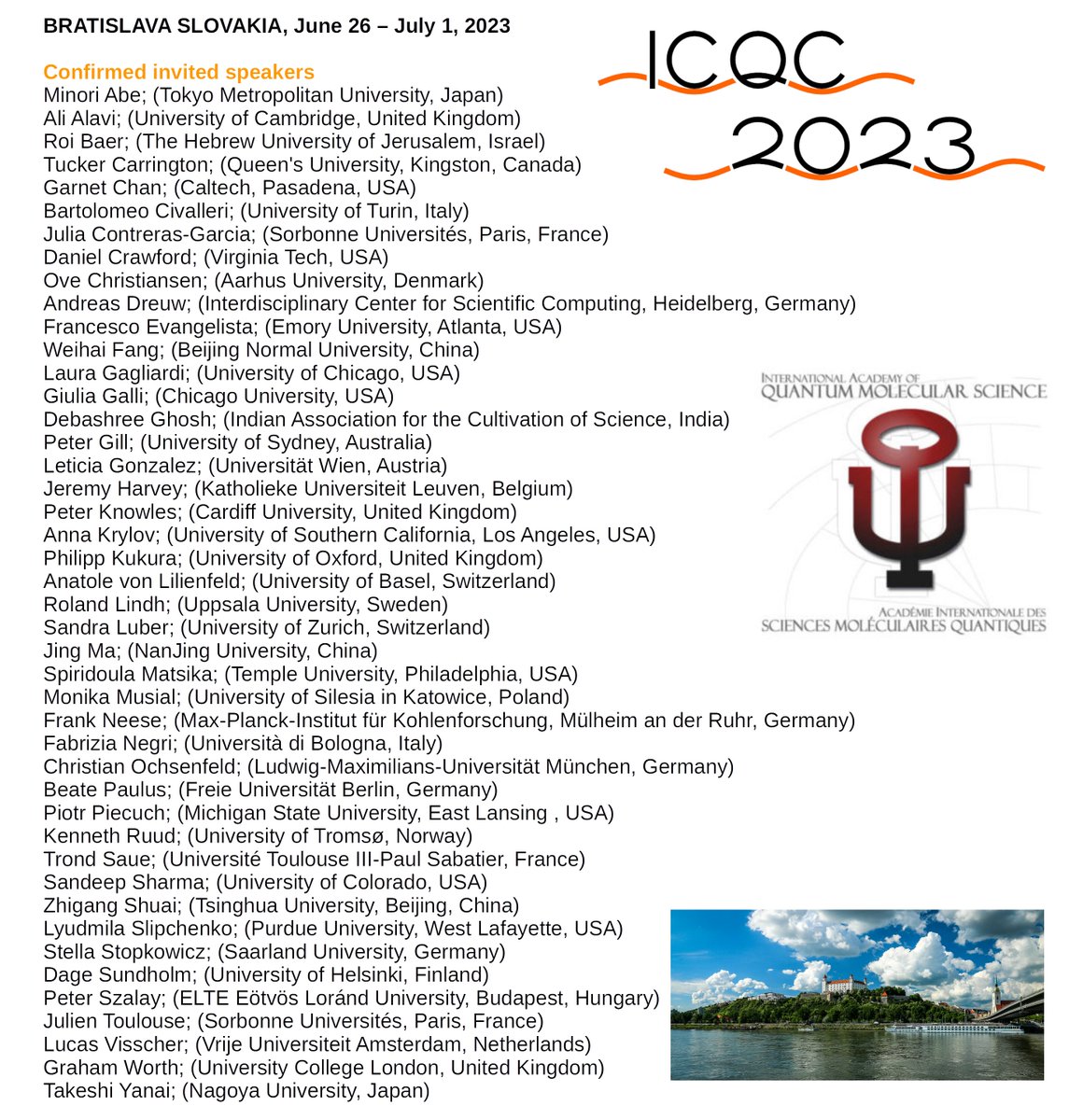 icqc2023.org

EARLY-BIRD MARCH 15, 2023
INVITED CONTRIBUTIONS (36 slots) MARCH 15, 2023
REGULAR MAY 21, 2023

#compchem #quantumchemistry #molecularbiology #medchem #nanomaterials #materialscience