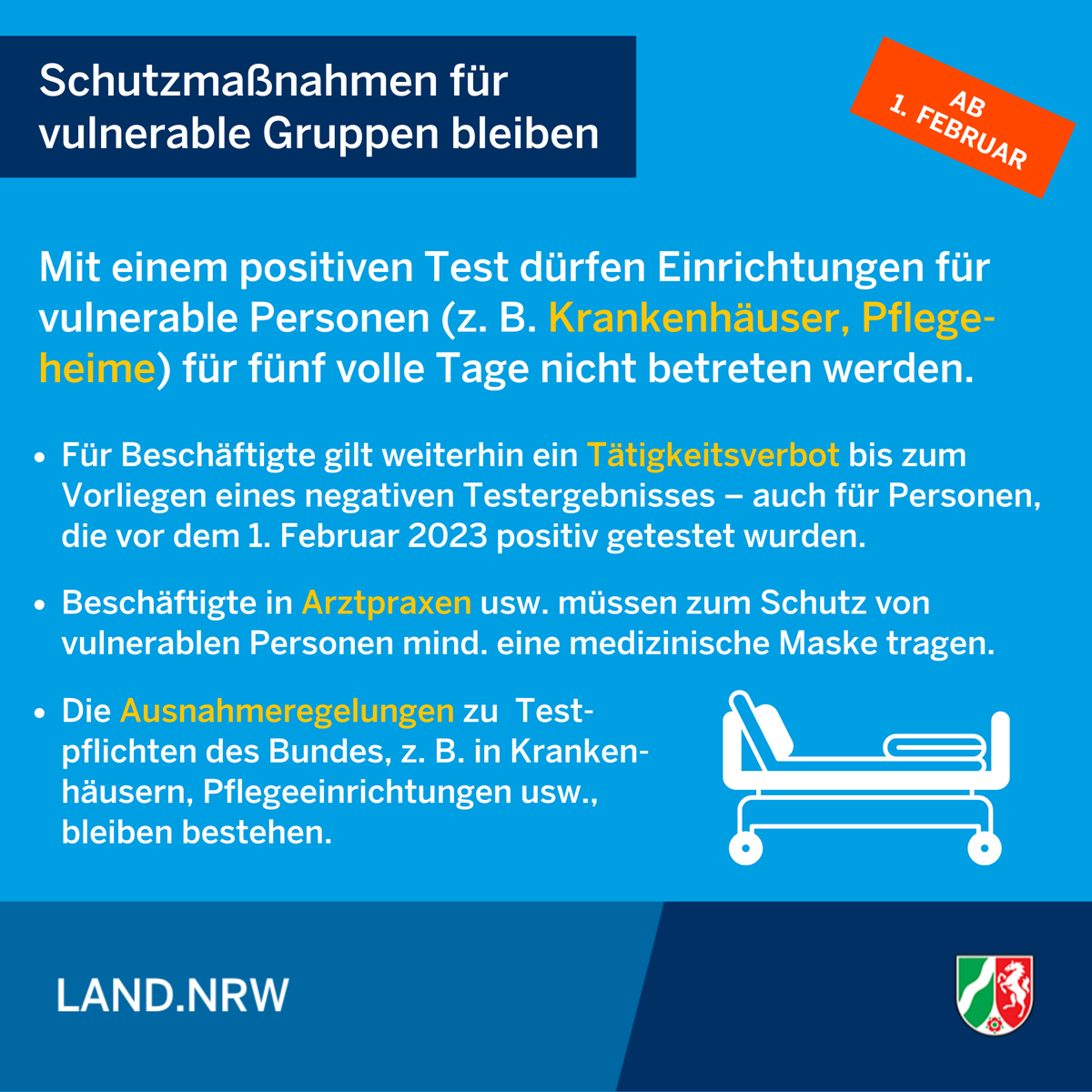 Ab 1. Februar 2023 entfallen in #NRW die #Maskenpflicht im #ÖPNV, die Isolationspflicht bei einer Infektion und die Sonderregelungen in Schulen &amp; der Kindertagesbetreuung. Die Schutzmaßnahmen konzentrieren sich auf Einrichtungen für vulnerable Personen. ➡️ land.nrw/pressemitteilu…