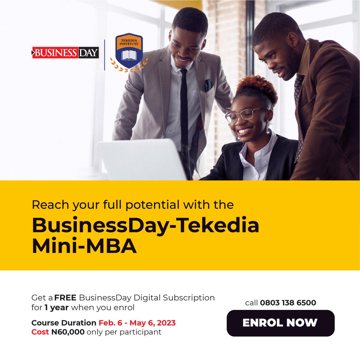 BusinessDayNg's tweet photo. There are certain things you can't control, one of which is the quick passing of time. Make good use of this period to get a certificate to validate your knowledge in business growth optimization and execution.
#tekedia #minimba #business #businessgrowth https://t.co/53DmkNW7Ic
