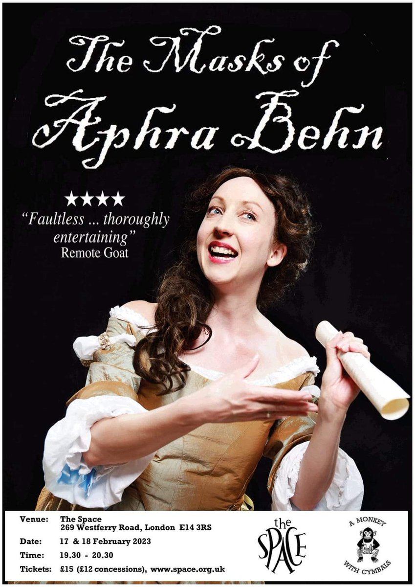 MonkeyWithCymb's tweet photo. Next stop for The Masks of Aphra Behn, @SpaceArtsCentre on 17 & 18 Feb!
★★★★ @EveryTheatre
★★★★ @lostintheatre
★★★★ @LondonTheatre1
★★★★ @RemoteGoat
★★★★ @FemaleArts
https://t.co/wKfgJx3fnf
#Theatre #AphraBehn @AphraStatue
@CantCommSoc #TheMasksOfAphraBehn https://t.co/rU6wHZaHmp