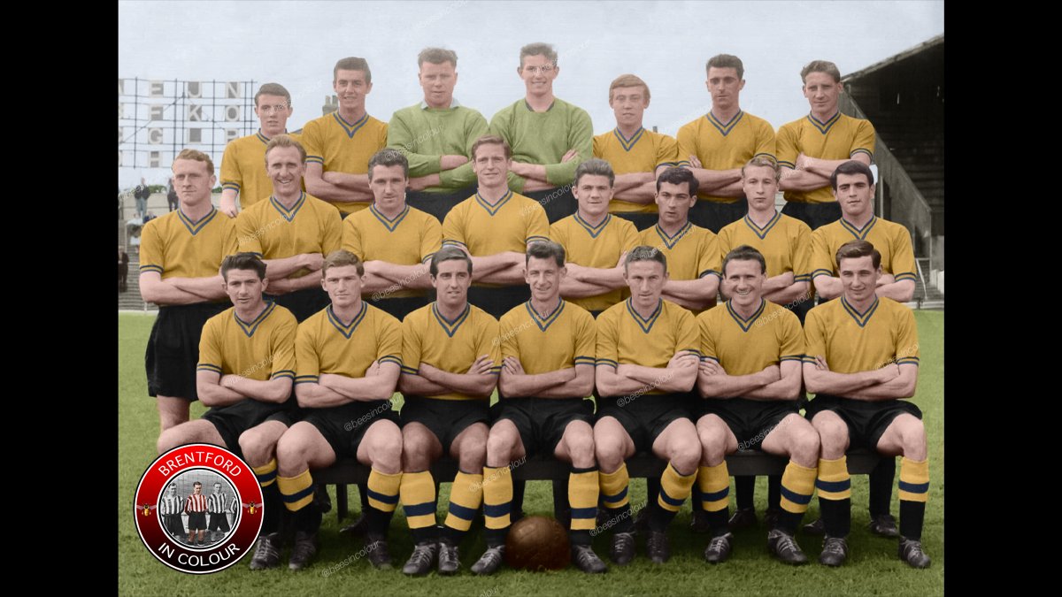 beesincolour's tweet photo. For the 1960-61 season Brentford changed to amber shirts with blue trim and black shorts. The reason given was the numerous of clashes with red and white shirts in the division. Red and white stripes were reintroduced for 1961-62 #beesincolour #Brentford #BrentfordFC https://t.co/Yy4PmisgFe