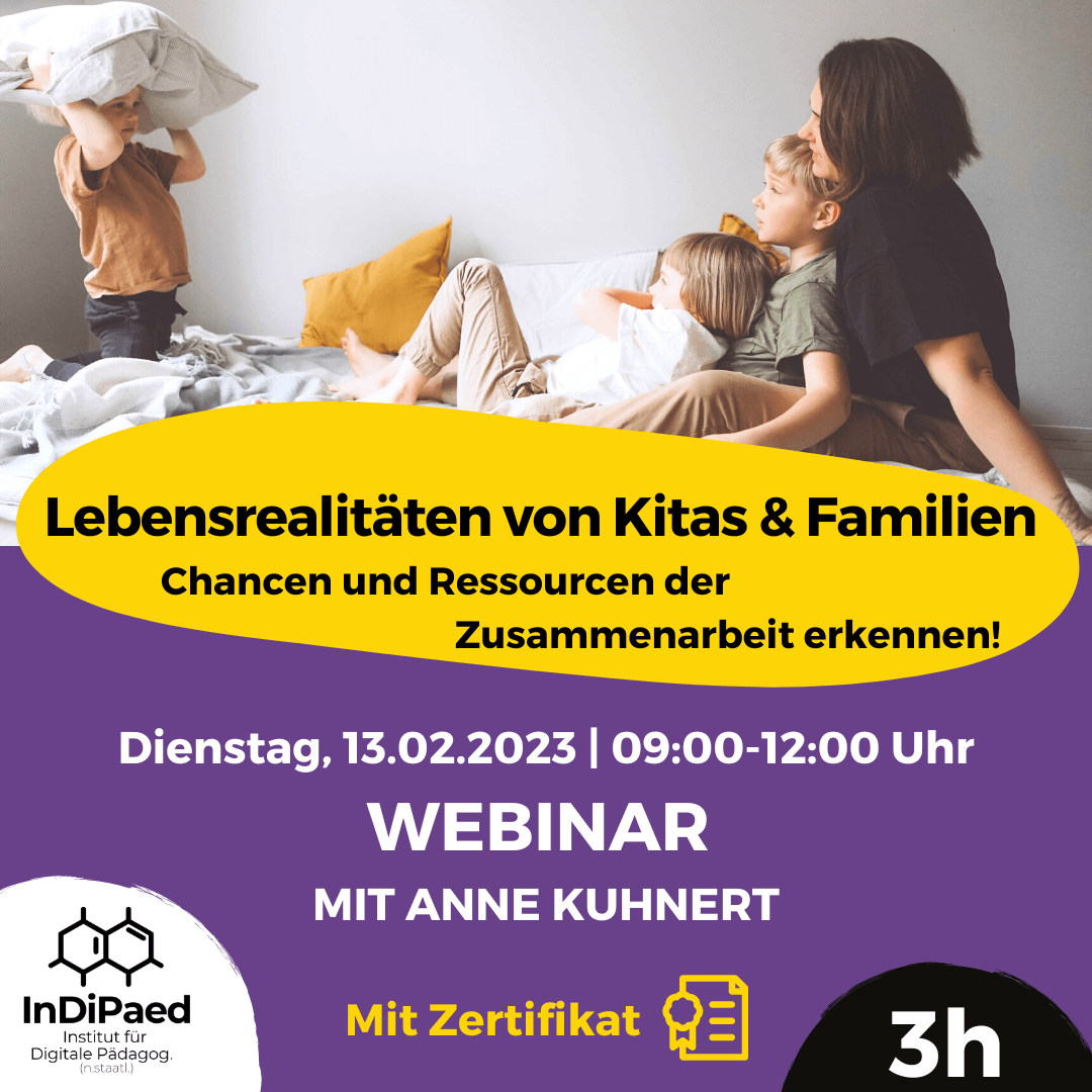 InDiPaed's tweet image. Montag, 13.02.2023, 09:00-12:00 Uhr, Webinar: 
👉Lebensrealitäten von Kitas und Familien – Chancen und Ressourcen der Zusammenarbeit erkennen! 
Anne Kuhnert gibt einen praxisorientierten Impuls. 
indipaed.de/courses/13-02-… 
#twkita #webinar #kita